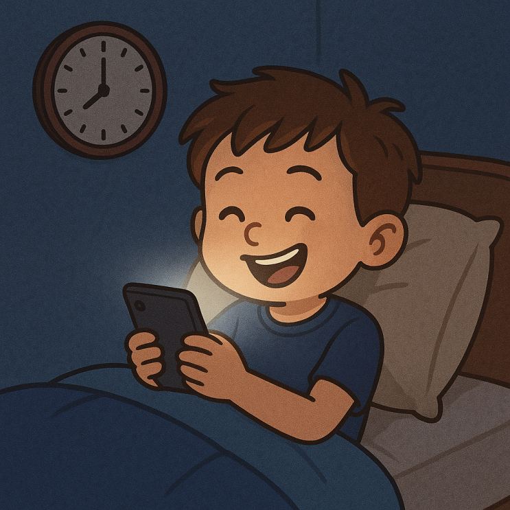 침대에서 휴대전화를 보는 아이 일러스트