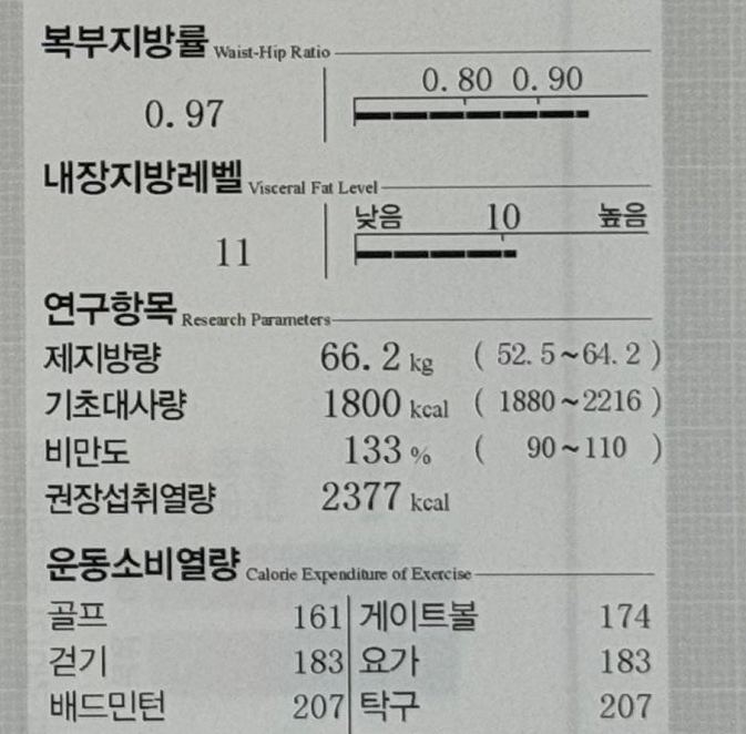 개인의 복부지방률과 기초대사량 측정 결과