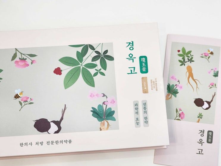 식물 그림이 인쇄된 경옥고 포장 상자와 봉투 사진