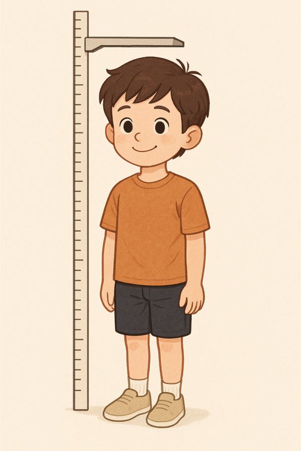 키 측정자 옆에 서 있는 남자아이를 그린 삽화