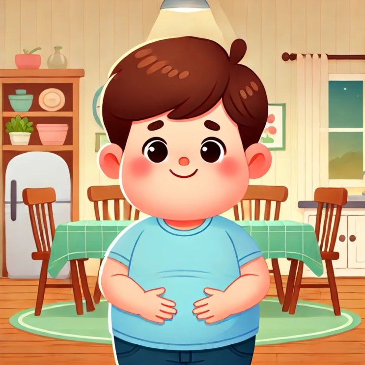 배가 나온 남자아이가 배에 손을 얹고 있는 삽화