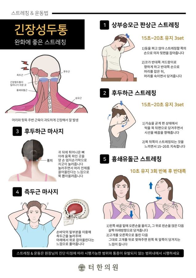 긴장성 두통 완화 스트레칭을 설명하는 카드뉴스